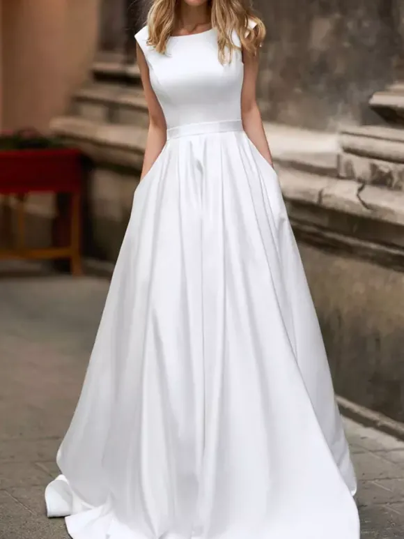Robe de mariée Vintage en Satin ligne A col bateau sans manches longueur au sol 2026
