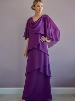 Robe de mère à col bijou demi-manches ligne a perles longueur au sol robes d'invitées pour mariage