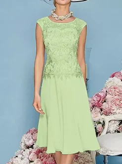 Robe de mère à col bijou manches trois quarts longueur thé robes d'invitées trapèze pour mariage