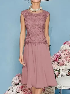 Robe de mère à col bijou manches trois quarts longueur thé robes d'invitées trapèze pour mariage