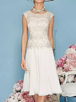 Robe de mère à col bijou manches trois quarts longueur thé robes d'invitées trapèze pour mariage