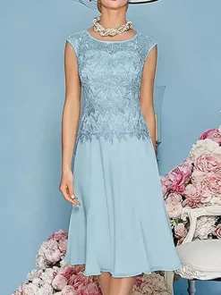 Robe de mère à col bijou manches trois quarts longueur thé robes d'invitées trapèze pour mariage