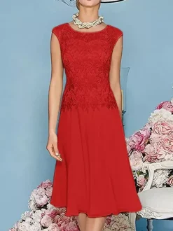 Robe de mère à col bijou manches trois quarts longueur thé robes d'invitées trapèze pour mariage