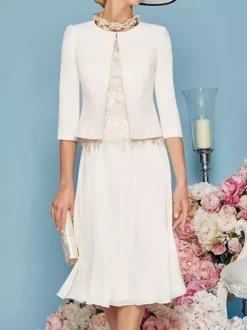 Robe de mère à col bijou manches trois quarts longueur thé robes d'invitées trapèze pour mariage