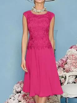 Robe de mère à col bijou manches trois quarts longueur thé robes d'invitées trapèze pour mariage