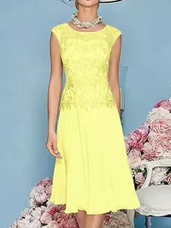 Robe de mère à col bijou manches trois quarts longueur thé robes d'invitées trapèze pour mariage