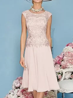 Robe de mère à col bijou manches trois quarts longueur thé robes d'invitées trapèze pour mariage