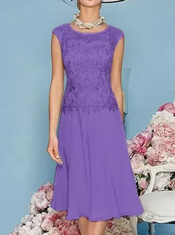 Robe de mère à col bijou manches trois quarts longueur thé robes d'invitées trapèze pour mariage