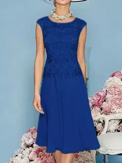 Robe de mère à col bijou manches trois quarts longueur thé robes d'invitées trapèze pour mariage