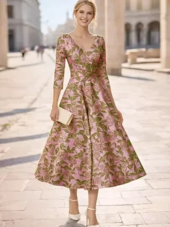 Robe de mère à col en V manches 3/4 coupe trapèze plissée robe d'invitée pour mariage