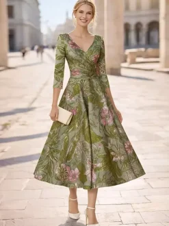 Robe de mère à col en V manches 3/4 coupe trapèze plissée robe d'invitée pour mariage