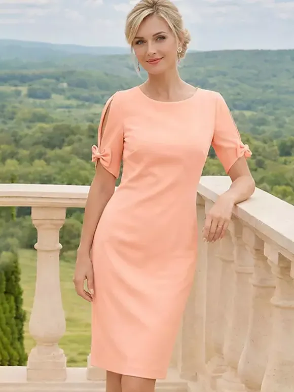 Robe de mère à col rond manches courtes et petits n艙uds robe d'invitée de mariage