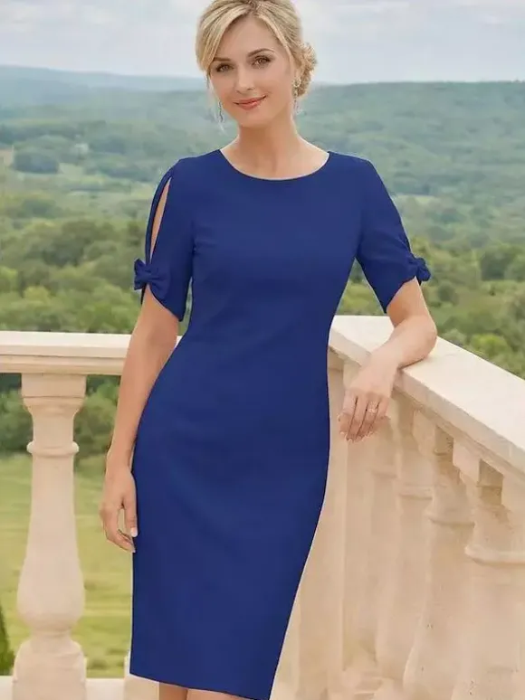 Robe de mère à col rond manches courtes et petits n艙uds robe d'invitée de mariage