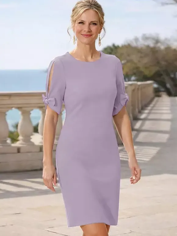 Robe de mère à col rond manches courtes et petits n艙uds robe d'invitée de mariage