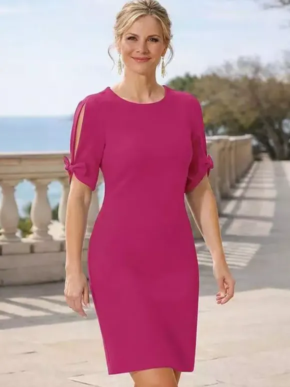 Robe de mère à col rond manches courtes et petits n艙uds robe d'invitée de mariage