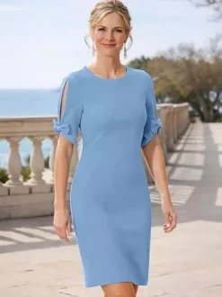 Robe de mère à col rond manches courtes et petits n艙uds robe d'invitée de mariage