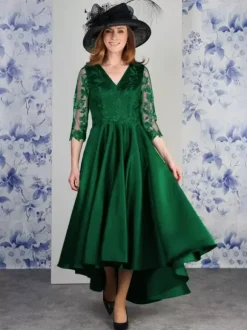 Robe de mère col en V manches 3/4 ligne a dentelle longueur thé robes d'invitées de mariage