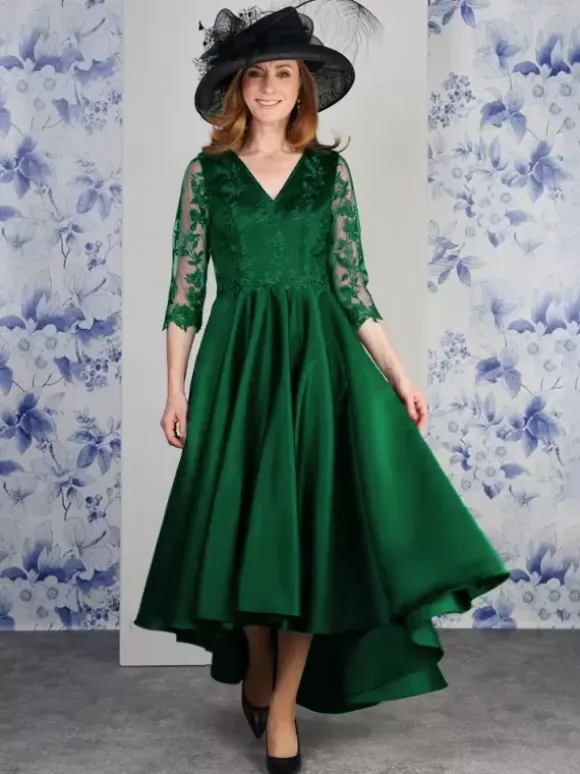 Robe de mère col en V manches 3/4 ligne a dentelle longueur thé robes d'invitées de mariage