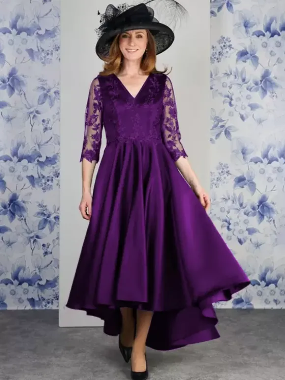 Robe de mère col en V manches 3/4 ligne a dentelle longueur thé robes d'invitées de mariage
