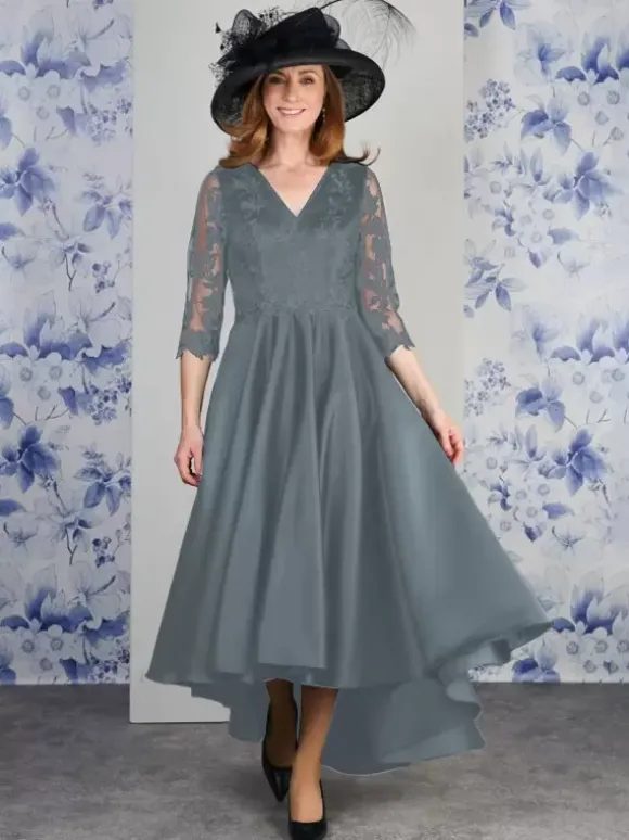 Robe de mère col en V manches 3/4 ligne a dentelle longueur thé robes d'invitées de mariage