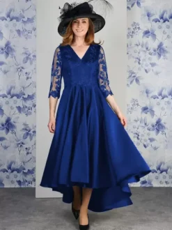 Robe de mère col en V manches 3/4 ligne a dentelle longueur thé robes d'invitées de mariage