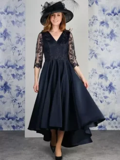 Robe de mère col en V manches 3/4 ligne a dentelle longueur thé robes d'invitées de mariage