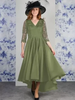 Robe de mère col en V manches 3/4 ligne a dentelle longueur thé robes d'invitées de mariage