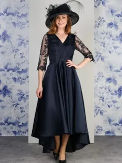Robe de mère col en V manches 3/4 ligne a dentelle longueur thé robes d'invitées de mariage