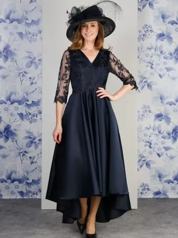 Robe de mère col en V manches 3/4 ligne a dentelle longueur thé robes d'invitées de mariage