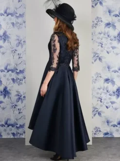 Robe de mère col en V manches 3/4 ligne a dentelle longueur thé robes d'invitées de mariage