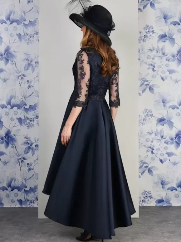 Robe de mère col en V manches 3/4 ligne a dentelle longueur thé robes d'invitées de mariage