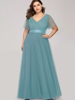Robe de mère col en V manches courtes ligne a plissée robes d'invitées de mariage