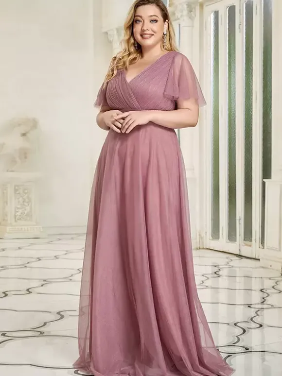 Robe de mère col en V manches courtes ligne a plissée robes d'invitées de mariage
