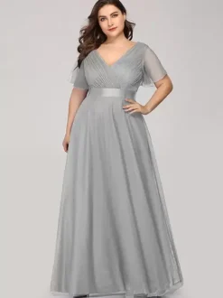 Robe de mère col en V manches courtes ligne a plissée robes d'invitées de mariage