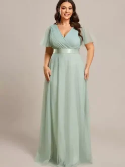 Robe de mère col en V manches courtes ligne a plissée robes d'invitées de mariage