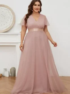 Robe de mère col en V manches courtes ligne a plissée robes d'invitées de mariage
