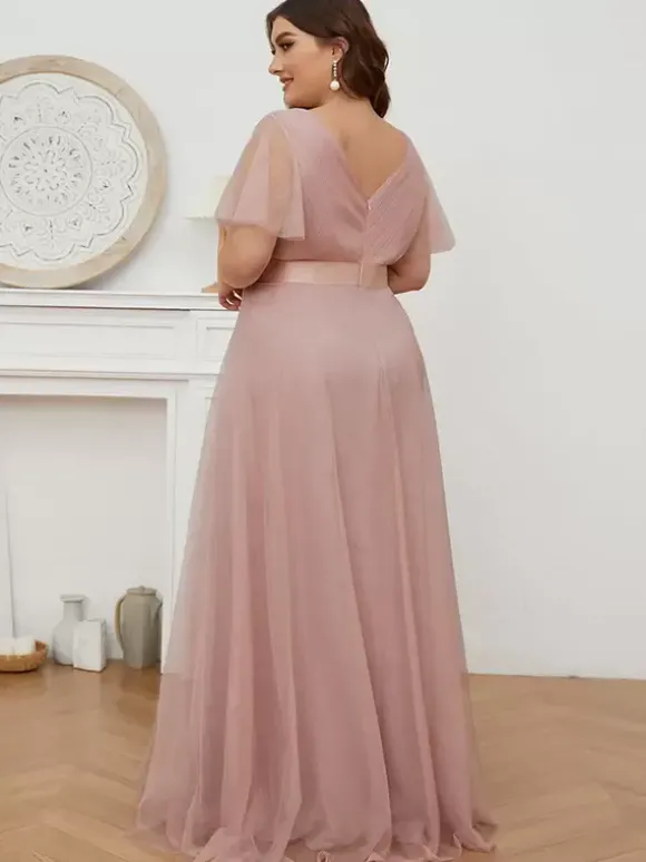 Robe de mère col en V manches courtes ligne a plissée robes d'invitées de mariage