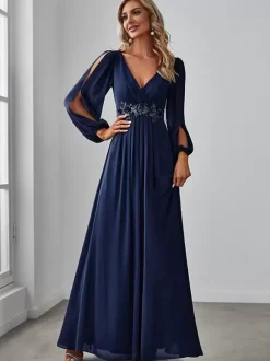 Robe de mère col en V manches longues ligne a robes d'invitées de mariage appliquées