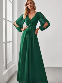 Robe de mère col en V manches longues ligne a robes d'invitées de mariage appliquées