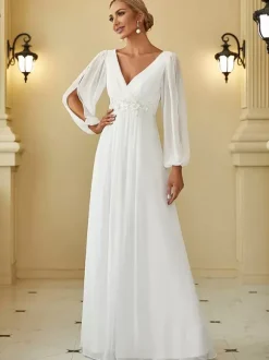 Robe de mère col en V manches longues ligne a robes d'invitées de mariage appliquées