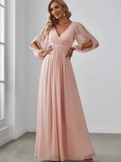 Robe de mère col en V manches longues ligne a robes d'invitées de mariage appliquées