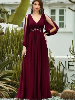 Robe de mère col en V manches longues ligne a robes d'invitées de mariage appliquées