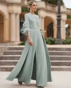 Robe de mère conçue avec décolleté et manches 3/4 combinaison perlée robes d'invitées de mariage