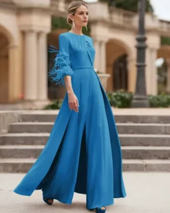 Robe de mère conçue avec décolleté et manches 3/4 combinaison perlée robes d'invitées de mariage