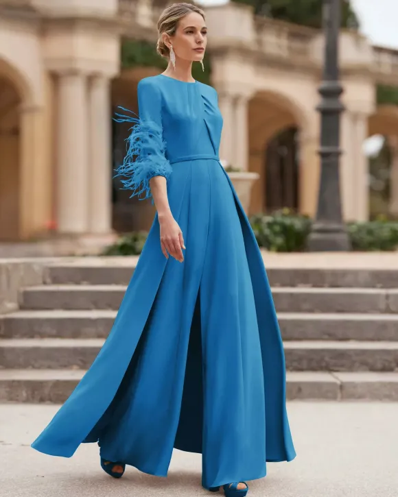 Robe de mère conçue avec décolleté et manches 3/4 combinaison perlée robes d'invitées de mariage