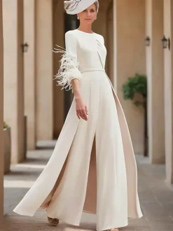 Robe de mère conçue avec décolleté et manches 3/4 combinaison perlée robes d'invitées de mariage