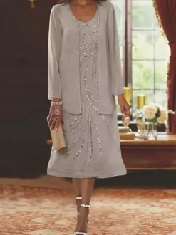 Robe de mère conçue décolleté manches longues deux pièces paillettes robes d'invité pour mariage