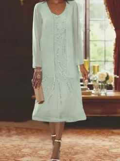 Robe de mère conçue décolleté manches longues deux pièces paillettes robes d'invité pour mariage