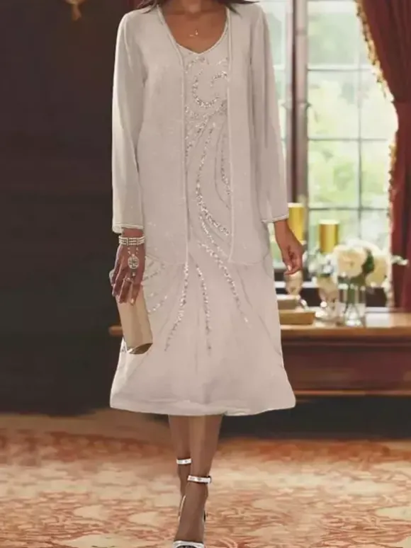 Robe de mère conçue décolleté manches longues deux pièces paillettes robes d'invité pour mariage