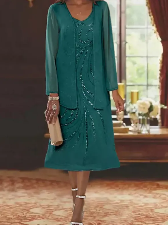 Robe de mère conçue décolleté manches longues deux pièces paillettes robes d'invité pour mariage